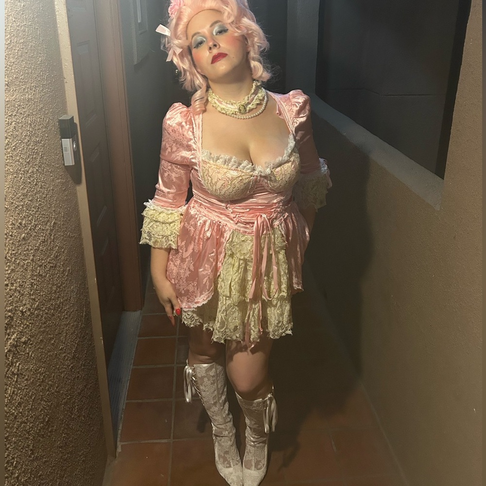 dolls kill marie antoinette pink and cream lace costume, wig, lace boots